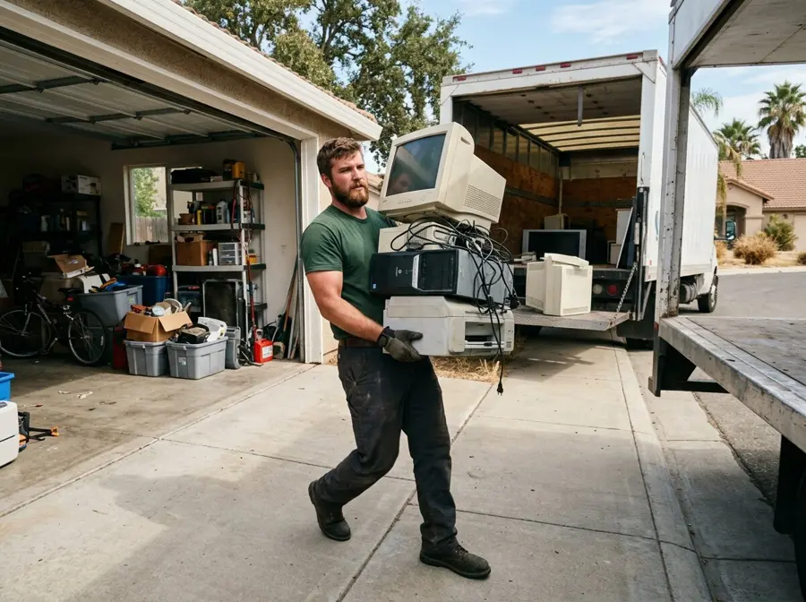 KD Junk Removals crew member carrying old monitors and a computer out to the truck