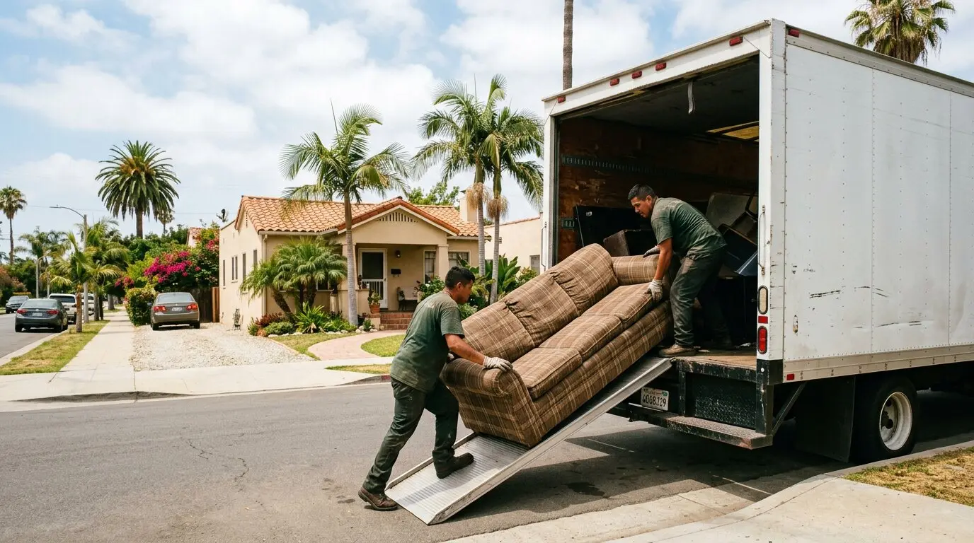 KD Junk Removals crew loading an old couch into a box truck